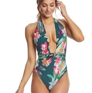 NWT La Blanca Beyond the Jungle Plunge One Piece Swimsuit sz 12